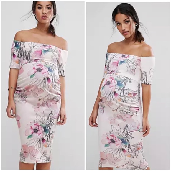 ASOS Maternity Floral Off The Shoulder Scuba Dress - Picture 1 of 13